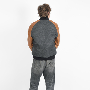 Grey and Tan Varsity <b>Jacket</b> for Men Wool and <b>Leather</b> Bomber Style Outerwear with Snap Button Front and Ribbed Collar Cuffs and - Product Image 5