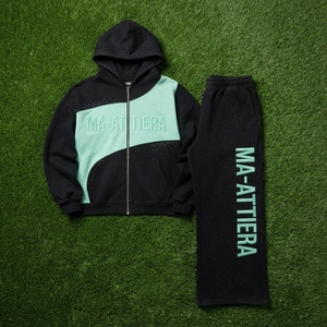 Ensemble survêtement streetwear pour homme, noir et vert menthe, avec sweat à capuche zippé et pantalon large, empiècements colorblock et détails strass, personnalisable OEM ODM - Product Image 5