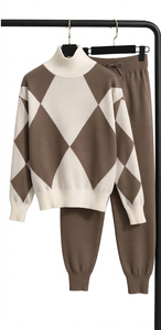 Women's Argyle Knit <b>Sweater</b> Set <b>Turtleneck</b> Long Sleeve Loose Fit Casual Wool Two Piece Winter Wear - Product Image 3