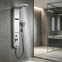 Système de douche mural LED noir de luxe moderne en acier inoxydable avec robinets thermostatiques, jets de pluie et massage, finition brossée pour hôtel