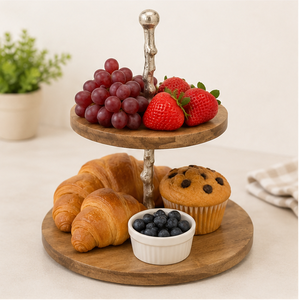 Support à gâteau à 2 niveaux en bois de manguier, support de présentation artisanal pour desserts et cupcakes avec poignée en aluminium pour mariage et fête - Product Image 6