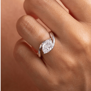 EtherStar Jewels 2.0ctw Horizontal Oval Lab Grown Diamond Ring 18K Solid <b>White</b> Gold Wave Tension <b>Wrap</b> Shank Modern Bridal Ring - Product Image 5