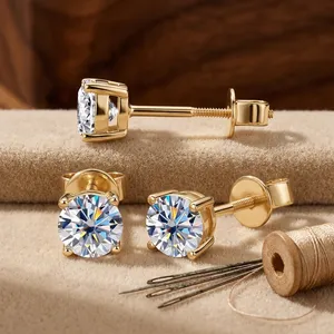 Pendientes de tuerca de moissanita con engaste de bisel de corte brillante clásico de 3mm-10mm, de plata de ley 925 chapada en oro y rodio, certificados VVS, de lujo - Product Image 5