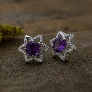 Boucles d'oreilles en améthyste avec halo de fleurs, pierre de naissance de février, en argent sterling, bijoux en pierres précieuses violettes, cadeau pour femme, boucles d'oreilles élégantes - Product Image 5