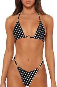 Women Black White Dot <b>Bikini</b> Set Halter Two Piece Swimwear With Gold Rings Thong Bottom Stretch Spandex - Product Image 6