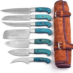 Ensemble de couteaux de cuisine en acier Damas, 7 pièces, couteaux de chef, manche en bois turquoise, avec sac en cuir, vente en gros, fabricant OEM B2B - Product Image 1