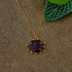 Amethyst Fish Pendant <b>Necklace</b> Handmade Carved Gemstone Jewelry Gold Plated <b>Statement</b> <b>Necklace</b> With Green Stone Eye Accent - Product Image 5