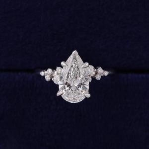 Solid White Gold Pear Cut Diamond <b>Ring</b> Prong Setting Simple Round Side Stone <b>Plain</b> Band Elegant Solitaire Bridal Engagement - Product Image 1