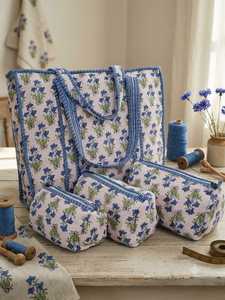 Sac fourre-tout en toile de coton matelassé imprimé à la main Pinksa Fashion, avec fermeture éclair, grand format, réutilisable, pour le shopping - Product Image 3