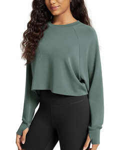 Sudadera de invierno de tela no tejida suave de manga larga con orificio para el pulgar para mujer, cuello redondo, top corto tipo jersey. - Product Image 1