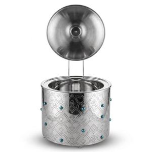 Plat de service de luxe en acier inoxydable avec motif oriental et accents bleus, chauffe-plat rond avec couvercle - Product Image 3