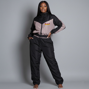 Ensemble de survêtement sportif pour femmes, couleur contrastée, manches longues, coupe ample, décontracté, deux pièces, vêtements de sport, toutes saisons, tissu satiné - Product Image 1