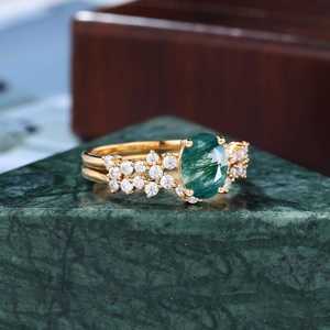 Ensemble de bagues de fiançailles ovales en agate mousse avec grappe de moissanite, style vintage, pour femme, bijoux fins OEM ODM - Product Image 2
