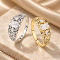 Square Center 925 Sterling Silver Zircon Ring with Two Pear Side Stones and Chevron Pave Shoulders