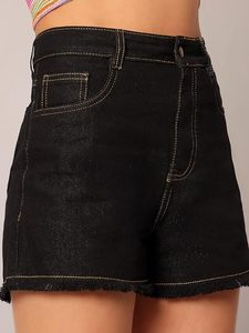Shorts en jean noir taille mi-haute pour femme avec poches, ceinture sexy, style décontracté, coupe régulière, pour l'été, 100 % coton, finition délavée - Product Image 3