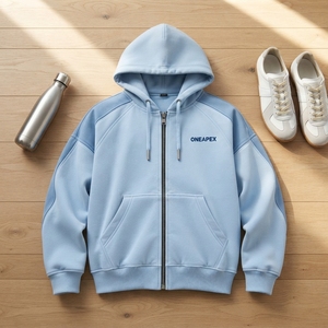 เสื้อฮู้ดซิปสีฟ้าอ่อนสำหรับผู้ชาย ผ้าฟลีซทรงโอเวอร์ไซส์ สไตล์สตรีทแวร์ แจ็คเก็ตลำลอง เสื้อสเวตเชิ้ต สปอร์ตแวร์ รับทำแบรนด์ตามสั่ง ขายส่ง - Product Image 5
