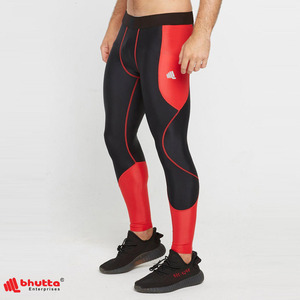 Leggings de compression pour hommes, design personnalisé, imprimé rouge, panneau contrastant, antibactériens, respirants, taille élastique, coutures plates, pour la gym - Product Image 1