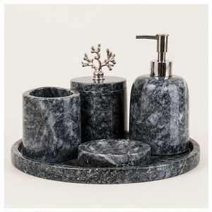 Ensemble d'accessoires de salle de bain vintage en marbre noir naturel, fait main, en pierre polie, comprenant un distributeur de savon, un gobelet et un pot à couvercle, pour hôtel - Product Image 3