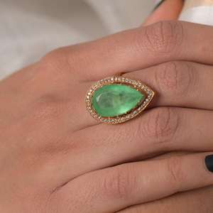 Bague Halo en argent sterling 925 Gajaah avec pierre précieuse verte taille poire « Larme de la mer », bijoux de mariée pour femme - Product Image 3