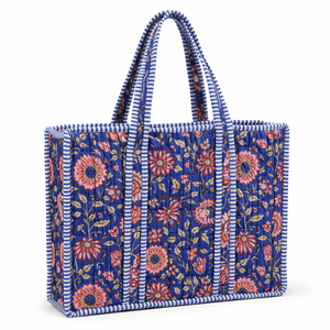 Sac fourre-tout en coton imprimé floral bleu avec poches intérieures légères - Style bohème vintage pour les voyages et le shopping en toutes saisons - Product Image 1