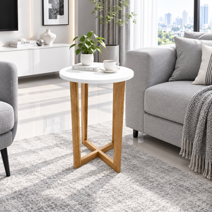 Wholesale Minimalist Modern Round <b>Side</b> <b>Table</b> Eco-Friendly <b>White</b> MDF Top <b>Wooden</b> Legs Coffee <b>Table</b> for Living Room Sofa - Product Image 3