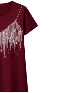 Camiseta de Algodón para Mujer Color Borgoña, Diseño de Corazón con Pedrería, Estilo Casual de Manga Corta, Top de Verano, Fabricante de Logotipos Personalizados OEM - Product Image 4