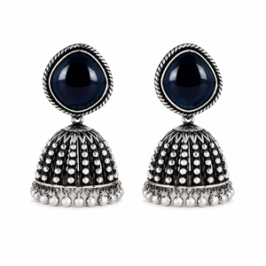 Vintage Midnight Blue Stone Jhumka Earrings Handmade <b>Oxidized</b> Silver Tribal Dome Earrings Wholesale Ethnic Jewelry Supplier - Product Image 1
