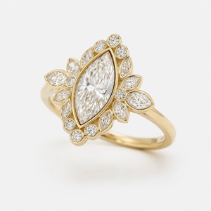 Bague de fiançailles vintage en or massif 14 carats avec diamant de laboratoire taille marquise, halo floral et grappe, bijou de mariée unique en forme de feuille, cadeau - Product Image 5