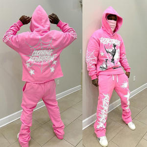 Ensemble de survêtement rose à capuche 2026 pour homme, streetwear, pantalon de survêtement long avec imprimé étoiles et toile, en polyester respirant, pour l'automne - Product Image 3