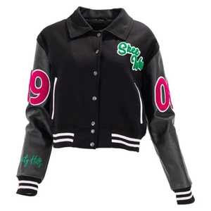 Men's Black Varsity Jacket With Green Embroidery And Pink 08 On Sleeve Regular Fit Zipper Closure Autumn Casual Wear - Product Image 1