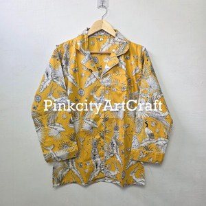 Pure Cotton Mustard Yellow Flock Print Summer Nightwear Set <b>Women</b> Comfortable Breathable Quick <b>Dry</b> Loungewear Sleepwear - Product Image 2