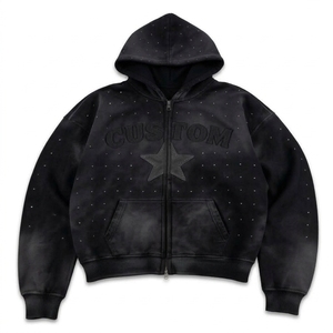 Sweat à capuche vintage noir à fermeture éclair, broderie personnalisée, imprimé, épais, avec strass, épaules tombantes, streetwear unisexe - Product Image 3