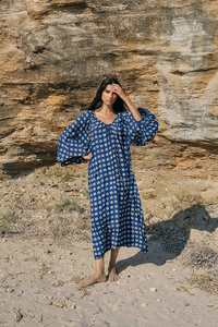 Robe d'été décontractée en coton imprimé, style bohème, pour femme, bleue à carreaux, écologique, ample, longue, à manches bouffantes, pour la plage - Product Image 5