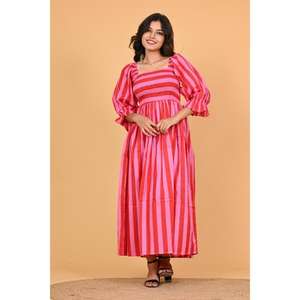 Vestido Largo Maxi de Algodón con Estampado Floral Boho para Mujer, Cintura Elástica Fruncida, Manga Acampanada, Verano, Hecho a Mano en India, Casual, Ecológico - Product Image 1