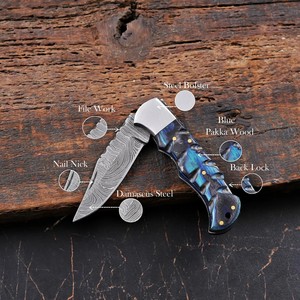 Hand Forged Damascus Steel <b>Folding</b> Blade <b>Knife</b> Pakka Wood Non Slip Handle Leather Sheath Pocket EDC Hunting Camping <b>Knife</b> - Product Image 4
