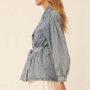 Veste en jean pour femme, col mandarin, fermeture à bouton unique, printemps, coton, longueur normale, imprimé léopard vieilli - Product Image 2