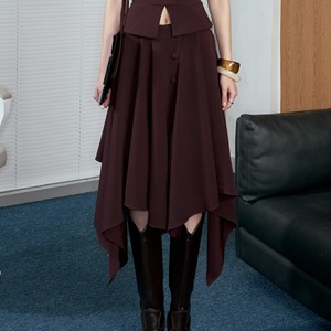 Jupe midi prête à l'emploi, taille basse, unie, avec boutons décoratifs, service ODM, toutes formes, style foulard, sexy et respirante - Product Image 1