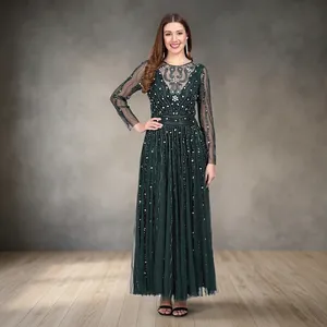 Robe de soirée vert forêt à perles, manches longues, longueur au sol, robe de cérémonie pour bal de promo, banquet - Product Image 1