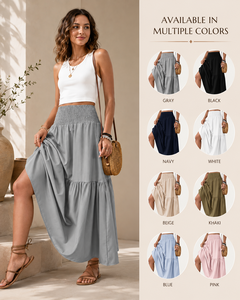 Women Grey Natural Waist Smocked Crocheted Floor-Length A-Line Design Eco-Friendly Breathable Casual <b>Summer</b> <b>Skirt</b> - Product Image 3