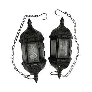 Pair of <b>silver</b> hexagonal <b>lanterns</b> ornate cutout panels glass sides domed tops ring handles rustic farmhouse indoor outdoor - Product Image 4