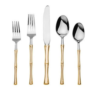 Juego de Cubiertos con Mango Estilo Bambú, Cubiertos de Acero Inoxidable Plateados y Dorados con Cuchillos, Tenedores y Cucharas para una Cena Elegante - Product Image 1
