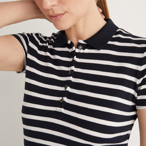 Polo de Punto a Rayas para Mujer, Manga Corta, Estilo Casual, Largo Regular, 100% Algodón - Product Image 6
