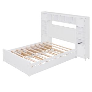 White <b>Twin</b> Size Trundle Bed with All-in-One Cabinet & Shelf Full Size Wooden Kids' Bed with <b>Sockets</b> - Product Image 5