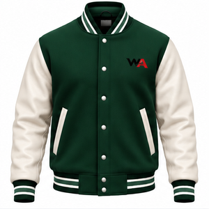 Wholesale OEM Varsity <b>Jacket</b> Forest Green Wool Body Cream Leather Sleeves Striped Rib-Trim Snap Button <b>Letterman</b> <b>Jacket</b> - Product Image 1