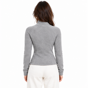 Veste ajustée zippée intégrale en maille gris clair pour femme, col montant, manches longues, texture unie, coupe slim, décontractée et tendance, pour l'hiver - Product Image 6