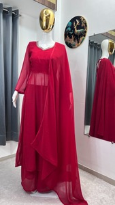 Robe longue en mousseline de soie rouge avec encolure en strass, tenue ethnique traditionnelle de boutique pour mariage et fiançailles, robe à manches longues pour femme - Product Image 6