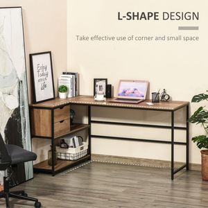 Scrivania per Computer con Telaio in Acciaio Industriale, Design a L, 2 Cassetti e Ripiani Portaoggetti in Nero/Marrone per Ufficio Domestico - Product Image 6