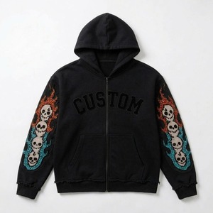 เสื้อฮู้ดดี้แบบซิปเต็มตัว OEM สั่งทำได้ ผ้าหนา ตกแต่งด้วยลายกราฟิกบนแขนเสื้อ ทรงหลวม สไตล์สตรีทแวร์ ขายส่งเสื้อฮู้ดดี้สำหรับทุกเพศ - Product Image 2