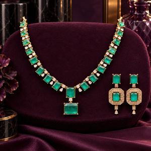 Wholesale Green Rectangle Stone Necklace Earrings Set Gold Tone Bulk Custom Jewelry Design - Product Image 4