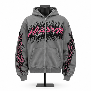 Sudadera con capucha y cremallera para hombre, gris, con estampado gráfico de llamas, estilo urbano, de forro polar, talla grande, OEM personalizado, al por mayor - Product Image 1